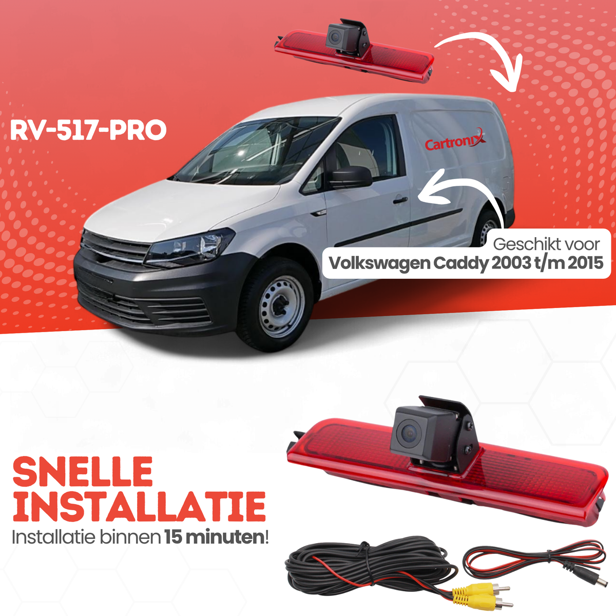 Tercera luz de freno con cámara de visión trasera y pantalla para Volkswagen Caddy | 2003 a 2015 | Visión nocturna | Imagen HD
