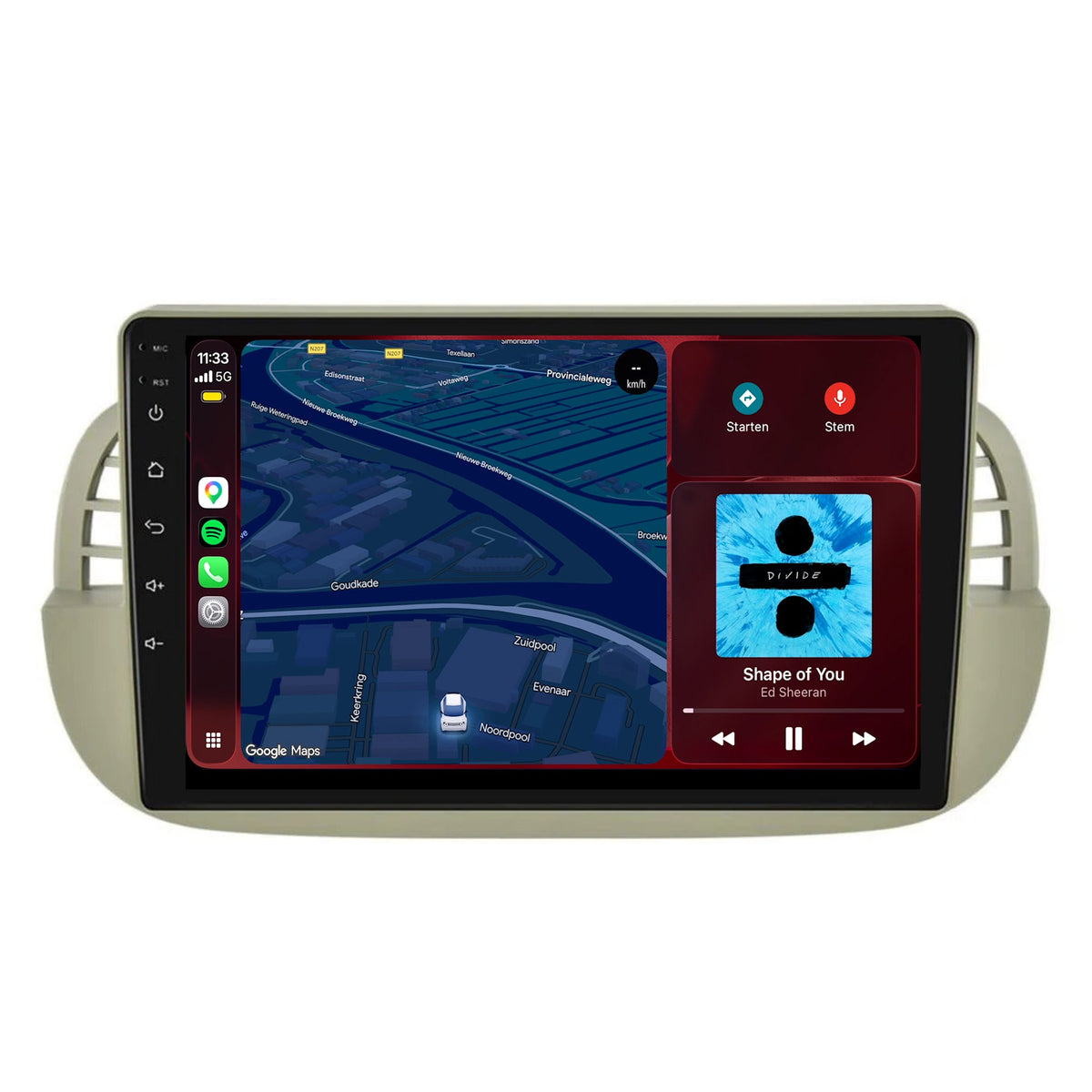 Autoradio Fiat 500 CarPlay & Android Auto | 2007-2015 | 9 pollici | Android 15 | Beige