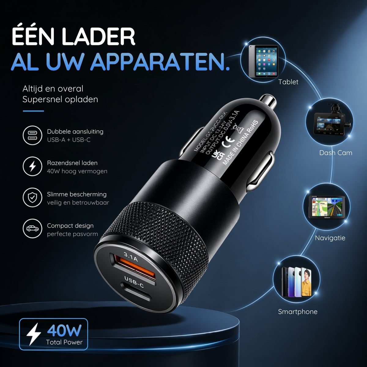 Compact 20W Car Charger | Fast Charger | USB-C Power Delivery & USB 3.0 Quick Charge