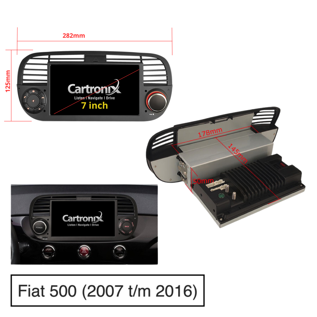 Fiat 500 CarPlay | 2007 bis 2015 | Android 14 Autoradio schwarz